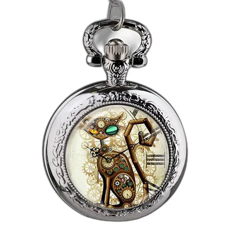 Montre Pendentif Chat en Acier Inoxydable avec Mécanisme Analogique au style steampunk