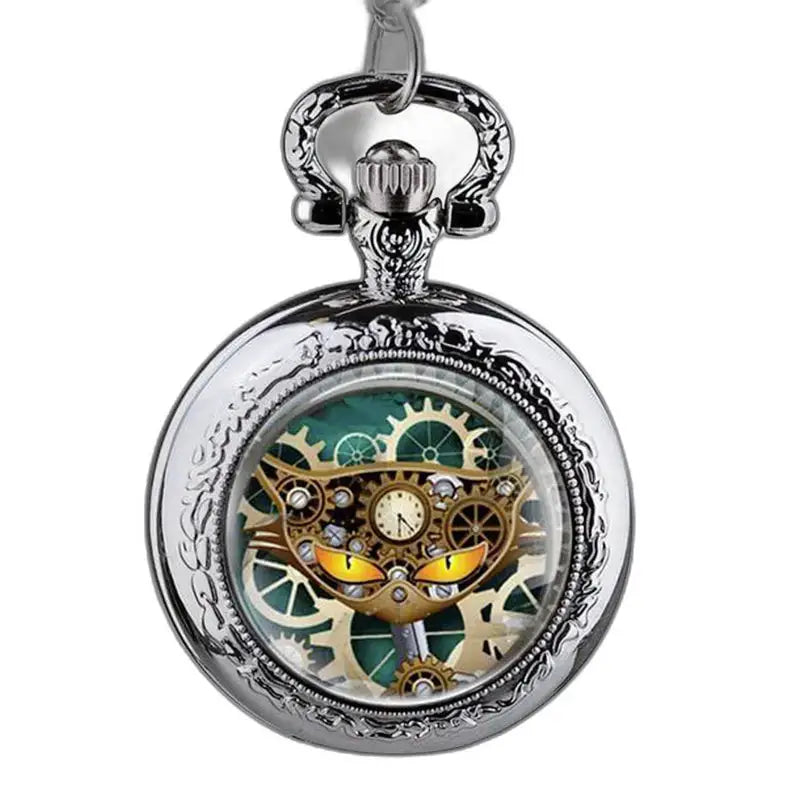 Montre Pendentif Chat en Acier Inoxydable avec Mécanisme Analogique et visage de chat steampunk