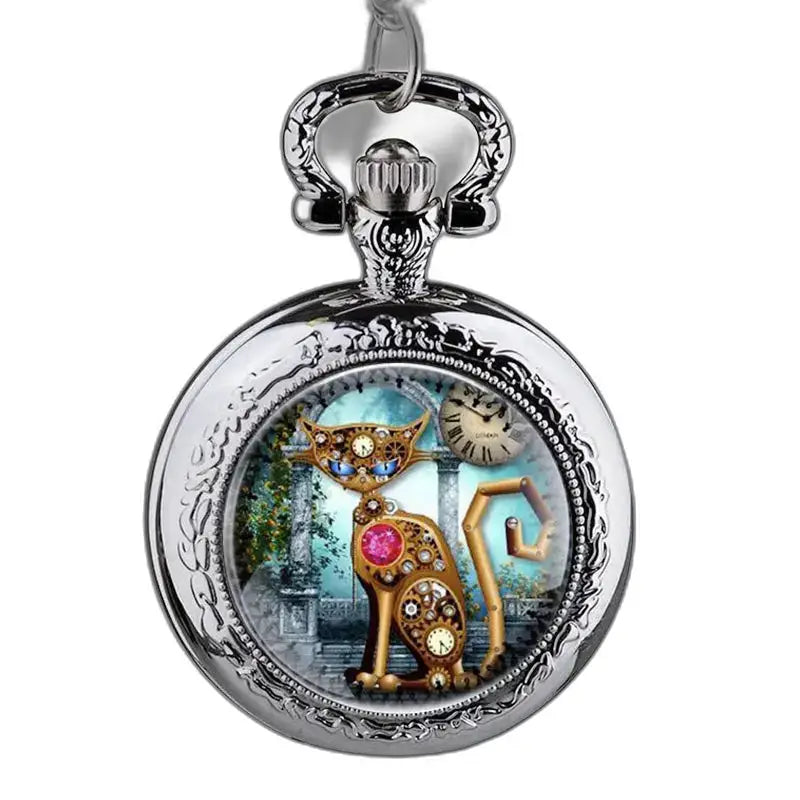 Montre Pendentif Chat en Acier Inoxydable avec Design de Chat Steampunk en Argent