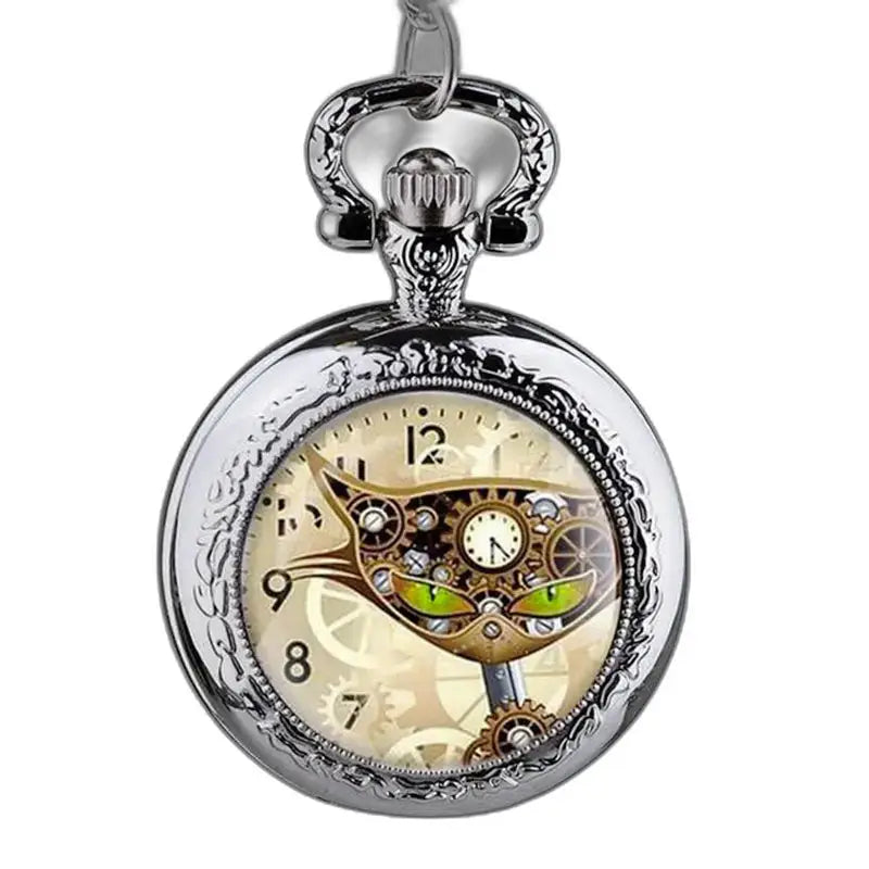 Montre Pendentif Chat en Acier Inoxydable avec Mécanisme Analogique Steampunk