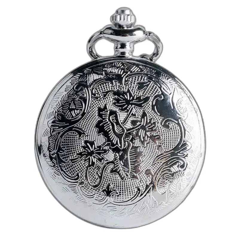 Montre Pendentif D’argent élégante avec chaîne et gravure florale en argent