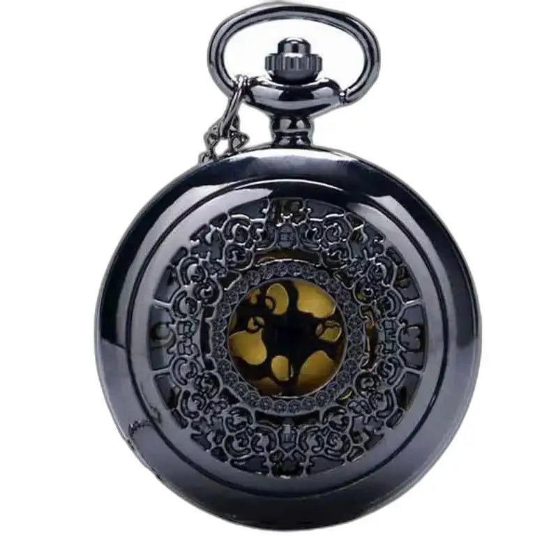 Montre Pendentif Femme Chic Argent avec une montre de poche noire ornée et élégante