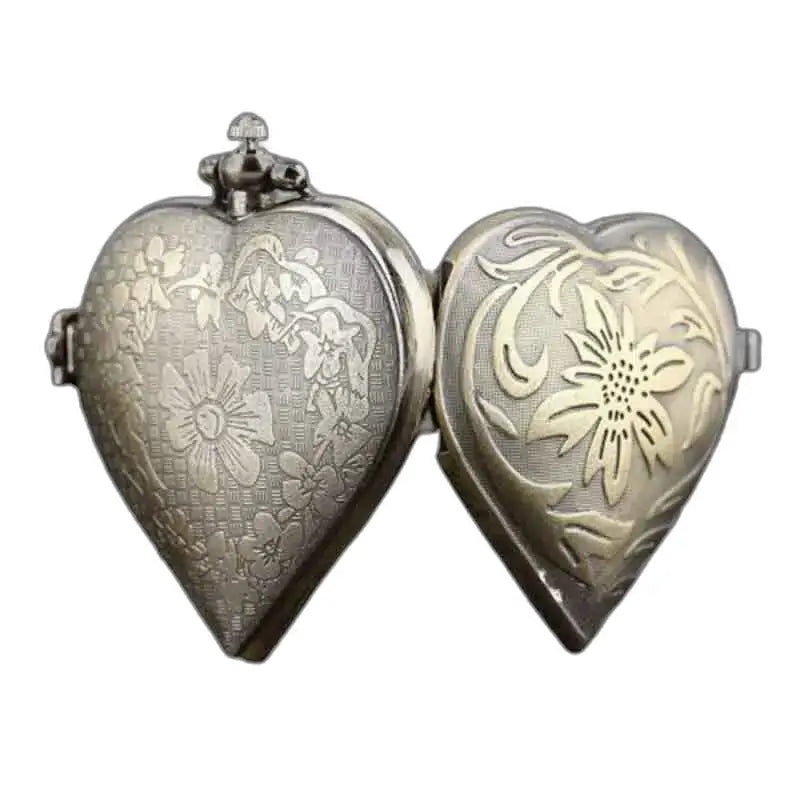 Montre Pendentif Femme Cœur élégante avec Mouvement Quartz et locket floral antique