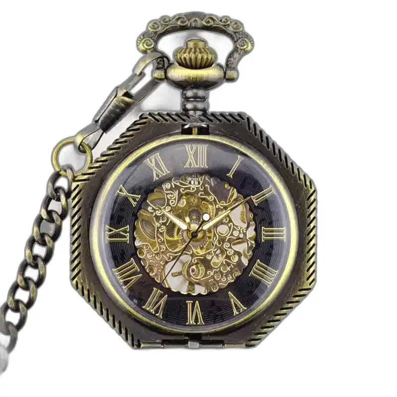 Montre Steampunk Squelette à Gousset Homme avec mécanisme visible en bronze octogonal