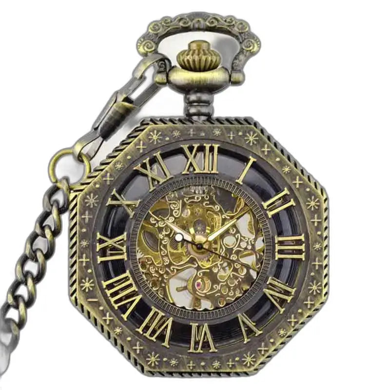 Montre Steampunk à gousset homme en bronze avec chaîne et mécanisme squelette