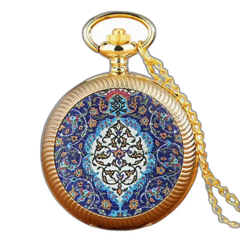 Montre Vintage Fleur Bleue en Or avec un design bleu et blanc, mécanisme à quartz
