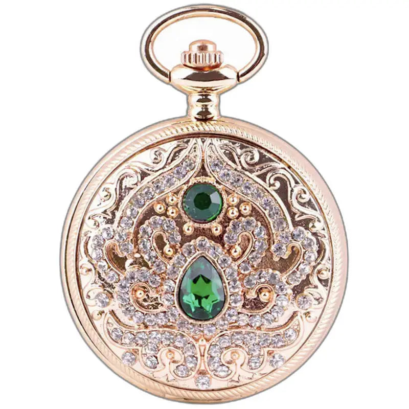 Montre de poche gousset pierre élégante avec gemmes vertes et claires en or